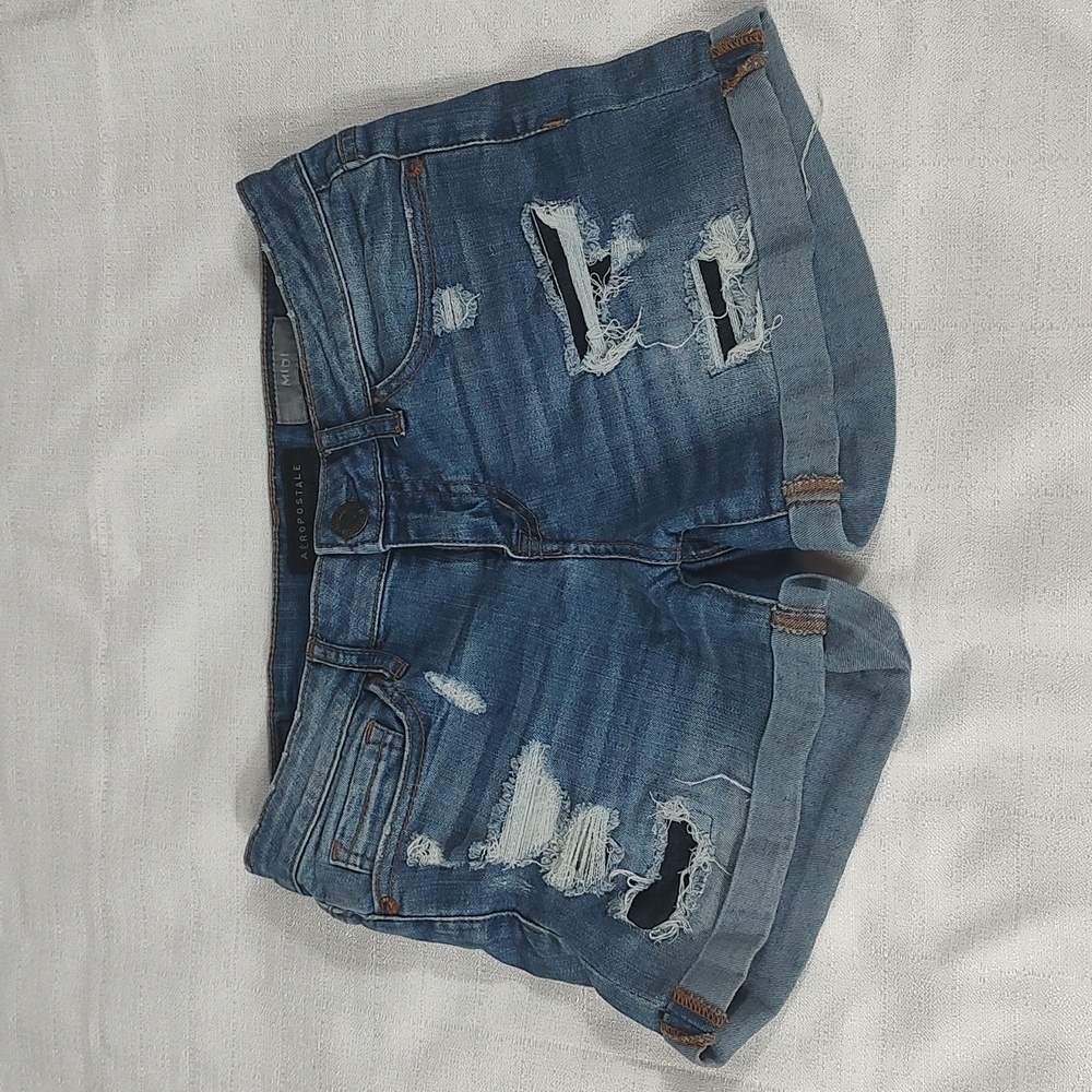 Aeropostale Midi Blue Jean Denim Distressed Folded Hem Shorts Size 0